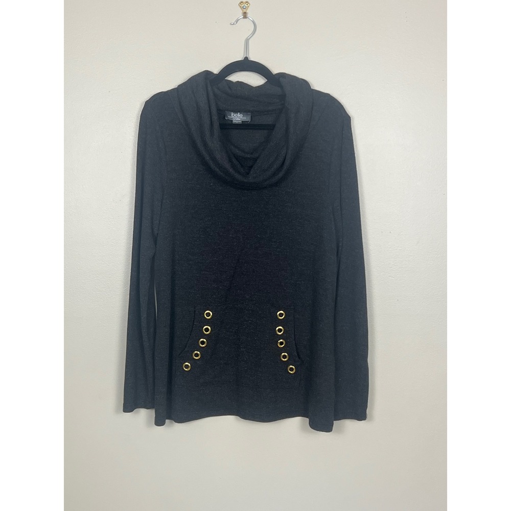 Belle by Belldini Womens Charcoal Gray Cowl Neck Grommet Pocket Top Large